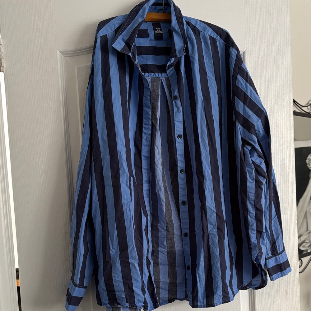 Blue and Black Striped Button-Up Shirt & shorts